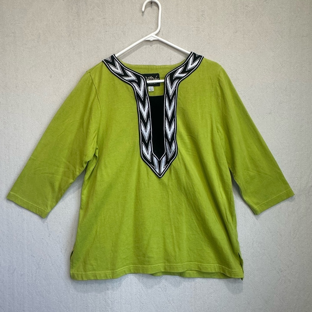 Bob Mackie Women's Lime Green Tunic Top Sz L Black & White Embroidered Placket